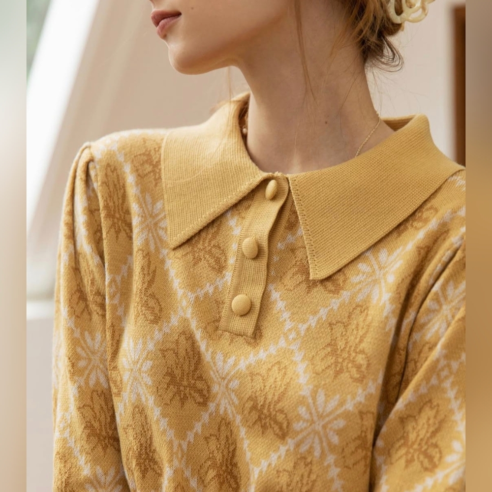 Simple Retro Yellow Patterned Collared Sweater - image 5